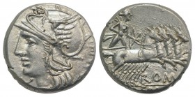 M. Baebius Q.f. Tampilus, Rome, 137 BC. AR Denarius (16mm, 3.97g, 12h). Helmeted head of Roma l. R/ Apollo driving quadriga r., holding bow and arrow....
