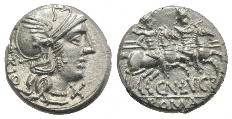 Cn. Lucretius Trio, Rome, 136 BC. AR Denarius (17mm, 4.05g, 3h). Helmeted head o...