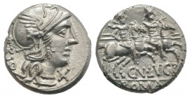 Cn. Lucretius Trio, Rome, 136 BC. AR Denarius (17mm, 4.05g, 3h). Helmeted head of Roma r. R/ Dioscuri on horseback riding r. Crawford 237/1a; RBW 978;...