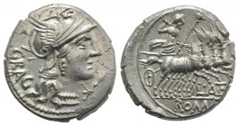 L. Antestius Gragulus, Rome, 136 BC. AR Denarius (19mm, 4.02g, 11h). Helmeted head of Roma r. R/ Jupiter driving quadriga r., holding reins and sceptr...