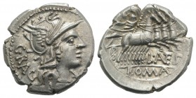 L. Antestius Gragulus, Rome, 136 BC. AR Denarius (19mm, 3.82g, 3h). Helmeted head of Roma r. R/ Jupiter driving quadriga r., holding reins and sceptre...
