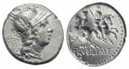 C. Servilius M.f., Rome, 136 BC. AR Denarius (18mm, 3.92g, 6h). Head of Roma r., wearing winged helmet; wreath to l. R/ Dioscuri riding in opposite di...