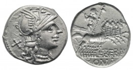 L. Trebanius, Rome, 135 BC. AR Denarius (19mm, 3.96g, 3h). Helmeted head of Roma r. R/ Jupiter driving quadriga r., holding sceptre and reins, prepari...