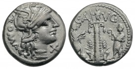 C. Augurinus, Rome, 135 BC. AR Denarius (18mm, 3.83g, 9h). Helmeted head of Roma r. R/ Ionic column surmounted by statue; at base, two stalks of grain...