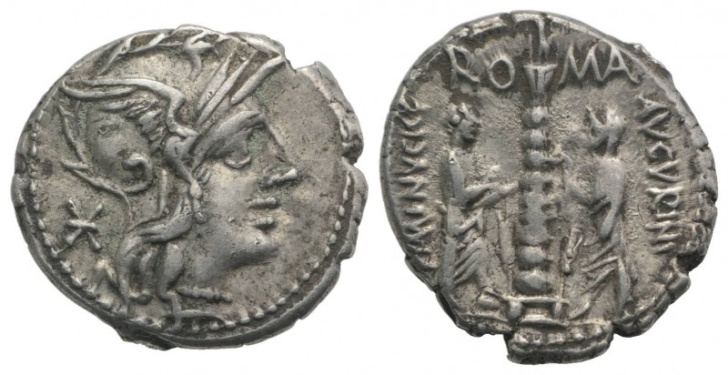 Ti. Minucius C.f. Augurinus, Rome, 134 BC. AR Denarius (19mm, 3.86g, 5h). Helmet...