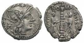 Ti. Minucius C.f. Augurinus, Rome, 134 BC. AR Denarius (19mm, 3.86g, 5h). Helmeted head of Roma r. R/ Ionic column surmounted by statue; at base, two ...