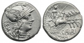 C. Aburius Geminus, Rome, 134 BC. AR Denarius (18mm, 386g, 6h). Helmeted head of Roma r.; GEM behind. R/ Mars driving galloping quadriga r., holding t...