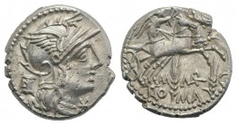 M. Marcius Mn.f., Rome, 134 BC. AR Denarius (18mm, 3.95g, 7h). Helmeted head of Roma r.; modius behind. R/ Victory in biga r.; two corn ears below. Cr...