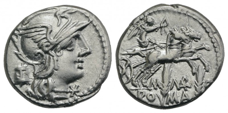 M. Marcius Mn.f., Rome, 134 BC. AR Denarius (19mm, 3.88g, 7h). Helmeted head of ...