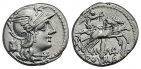 M. Marcius Mn.f., Rome, 134 BC. AR Denarius (19mm, 3.88g, 7h). Helmeted head of Roma r.; modius behind. R/ Victory in biga r.; two corn ears below. Cr...