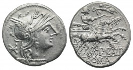 Publius Calpurnius, Rome, 133 BC. AR Denarius (21mm, 3.91g, 2h). Helmeted head of Roma r. R/ Venus, holding reins and whip, being crowned by Victory f...