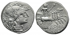 L. Minucius, Rome, 133 BC. AR Denarius (19mm, 3.90g, 9h). Helmeted head of Roma r. R/ Jupiter driving galloping quadriga r., hurling thunderbolt and h...