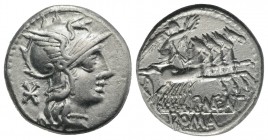 P. Maenius Antiaticus M.f., Rome, 132 BC. AR Denarius (18.5mm, 3.85g, 6h). Helmeted head of Roma r. R/ Victory, holding reins and wreath, driving gall...
