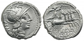 M. Aburius M.f. Geminus, Rome, 132 BC. AR Denarius (19mm, 3.92g, 9h). Helmeted head of Roma r., mark of value below chin. R/ Sol driving quadriga r., ...