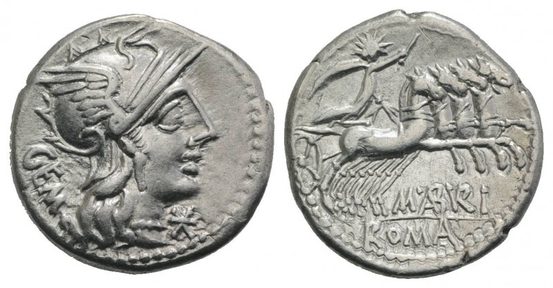 M. Aburius M.f. Geminus, Rome, 132 BC. AR Denarius (20mm, 3.85g, 9h). Helmeted h...