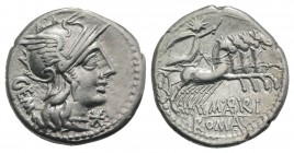 M. Aburius M.f. Geminus, Rome, 132 BC. AR Denarius (20mm, 3.85g, 9h). Helmeted head of Roma r., mark of value below chin. R/ Sol driving quadriga r., ...