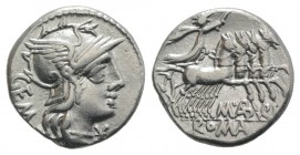 M. Aburius M.f. Geminus, Rome, 132 BC. AR Denarius (17mm, 3.31g, 9h). Helmeted head of Roma r., mark of value below chin. R/ Sol driving quadriga r., ...