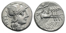 M. Aburius M.f. Geminus, Rome, 132 BC. AR Denarius (18mm, 3.82g, 11h). Helmeted head of Roma r., mark of value below chin. R/ Sol driving quadriga r.,...