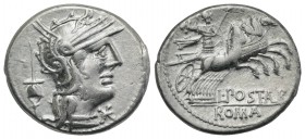 L. Postumius Albinus, Rome, 131 BC. AR Denarius (19mm, 3.86g, 6h). Head of Roma r.; apex behind. R/ Mars in quadriga r., holding spear, shield and rei...