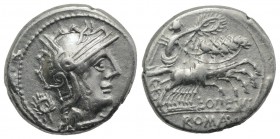 L. Opimius, Rome, 131 BC. AR Denarius (17mm, 3.91g, 1h). Helmeted head of Roma r.; wreath behind. R/ Victory driving galloping quadriga r., holding re...