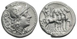 Q. Caecilius Metellus, Rome, 130 BC. AR Denarius (18.5mm, 3.89g, 12h). Helmeted head of Roma r. R/ Jupiter, holding palm frond, reins, and thunderbolt...