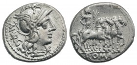 M. Vargunteius, Rome, 130 BC. AR Denarius (19mm, 3.86g, 1h). Helmeted head of Roma r. R/ Jupiter driving triumphal quadriga r., holding palm frond and...