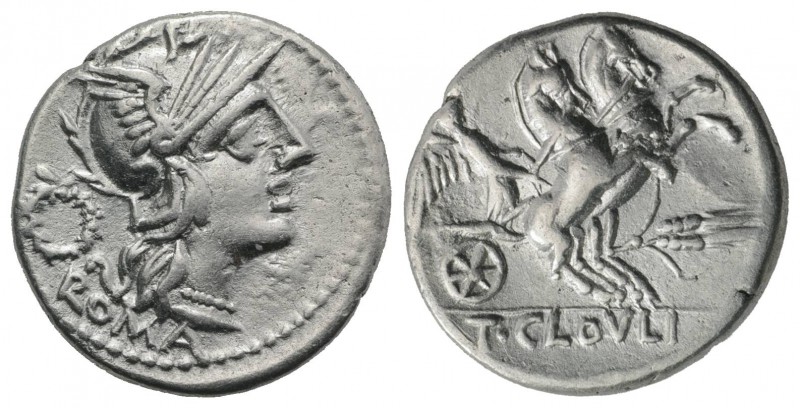 T. Cloelius, Rome, 128 BC. AR Denarius (19mm, 3.86g, 3h). Helmeted head of Roma ...