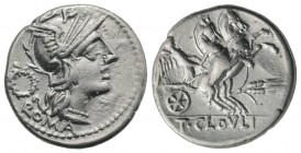 T. Cloelius, Rome, 128 BC. AR Denarius (19mm, 3.86g, 3h). Helmeted head of Roma r.; wreath behind. R/ Victory driving biga with horses rearing r.; gra...