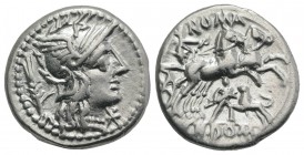 Cn. Domitius, Rome, 128 BC. AR Denarius (18mm, 3.87g, 3h). Helmeted head of Roma r.; stalk of grain to l. R/ Victory driving galloping biga r., holdin...
