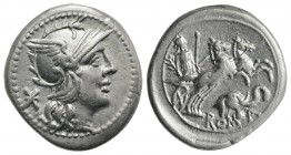 L. Caecilius Metellus Diadematus, Rome, 128 BC. AR Denarius (19mm, 3.89g, 12h). Helmeted head of Roma r. R/ Pax driving galloping biga r., holding oli...