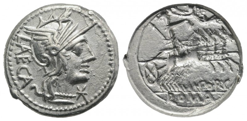 M. Porcius Laeca, Rome, 125 BC. AR Denarius (18mm, 3.93g, 7h). Helmeted head of ...