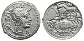 M. Porcius Laeca, Rome, 125 BC. AR Denarius (18mm, 3.93g, 7h). Helmeted head of Roma r. R/ Libertas driving quadriga r., holding reins and vindicta; a...