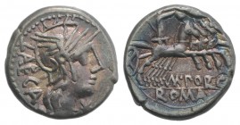M. Porcius Laeca, Rome, 125 BC. AR Denarius (17mm, 3.94g, 1h). Helmeted head of Roma r. R/ Libertas driving quadriga r., holding reins and vindicta; a...