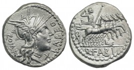 Q. Fabius Labeo, Rome, 124 BC. AR Denarius (18mm, 3.93g, 8h). Helmeted head of Roma r. R/ Jupiter driving galloping quadriga r., hurling thunderbolt, ...