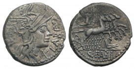 Q. Fabius Labeo, Rome, 124 BC. AR Denarius (18mm, 3.85g, 6h). Helmeted head of Roma r. R/ Jupiter driving galloping quadriga r., hurling thunderbolt, ...