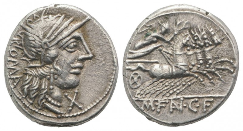 M. Fannius C.f. Rome, 123 BC, AR Denarius (18mm, 3.92g, 7h). Helmeted head of Ro...