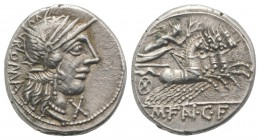 M. Fannius C.f. Rome, 123 BC, AR Denarius (18mm, 3.92g, 7h). Helmeted head of Roma r. R/ Victory driving galloping quadriga r., holding reins and wrea...