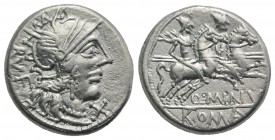 Q. Minucius Rufus, Rome, 122 BC. AR Denarius (17mm, 3.92g, 9h). Helmeted head of Roma r. R/ Dioscuri on horseback riding r. Crawford 277/1; RBW 1099; ...