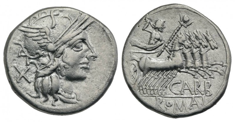 Cn. Papirius Carbo, Rome, 121 BC. AR Denarius (20.5mm, 3.89g, 9h). Helmeted head...