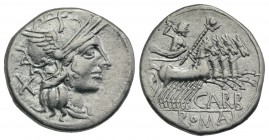 Cn. Papirius Carbo, Rome, 121 BC. AR Denarius (20.5mm, 3.89g, 9h). Helmeted head of Roma r. R/ Jupiter driving galloping quadriga r., hurling thunderb...