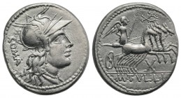 M. Tullius, Rome, 119 BC. AR Denarius (21mm, 3.89g, 12h). Helmeted head of Roma r. R/ Victory driving galloping quadriga r., holding palm frond and re...
