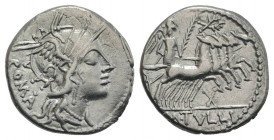 M. Tullius, Rome, 119 BC. AR Denarius (20mm, 3.89g, 3h). Helmeted head of Roma r. R/ Victory driving galloping quadriga r., holding palm frond and rei...