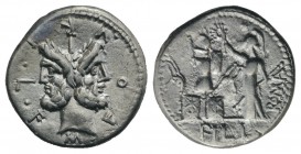 M. Furius L.f. Philus, Rome, 120 BC. AR Denarius (19mm, 3.83g, 3h). Laureate head of Janus. R/ Roma standing l., holding spear and crowning trophy of ...