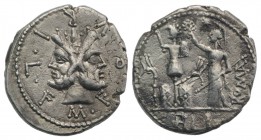 M. Furius L.f. Philus, Rome, 120 BC. AR Denarius (19mm, 3.86g, 10h). Laureate head of Janus. R/ Roma standing l., holding spear and crowning trophy of...