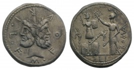 M. Furius L.f. Philus, Rome, 120 BC. AR Denarius (19mm, 3.86g, 1h). Laureate head of Janus. R/ Roma standing l., holding spear and crowning trophy of ...