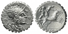 L. Cosconius M.f., Narbo, 118 BC. AR Serrate Denarius (18mm, 3.89g, 11h). Helmeted head of Roma r. R/ Gallic warrior (Bituitus?) driving galloping big...