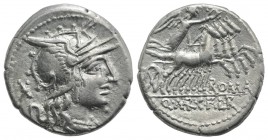 Q. Marcius, C. Fabius, and L. Roscius, Rome, 118-117 BC. AR Denarius (19mm, 3.92g, 6h). Helmeted head of Roma r. R/ Victory driving galloping quadriga...