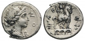 Man. Aemilius Lepidus, Rome, 114-113 BC. AR Denarius (19mm, 3.77g, 6h). Diademed and draped bust of Roma r. R/ Equestrian statue r. on pedestal with t...
