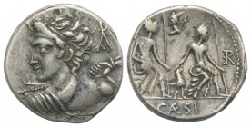 Lucius Caesius, Rome, 112-111 BC. AR Denarius (19mm, 3.71g, 5h). Bust of Vejovis l., seen from behind, hurling thunderbolt; monogram behind. R/ The tw...