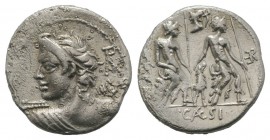 Lucius Caesius, Rome, 112-111 BC. AR Denarius (21mm, 3.70g, 6h). Bust of Vejovis l., seen from behind, hurling thunderbolt; monogram behind. R/ The tw...